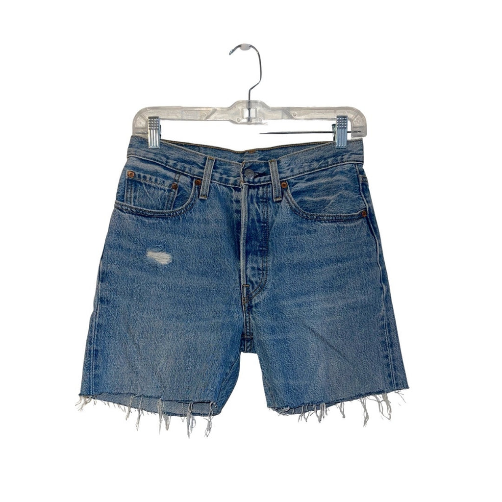 501 Levis Upcycled Shorts Raw Hem Size Small Butterfly Distressed Light Bluewash