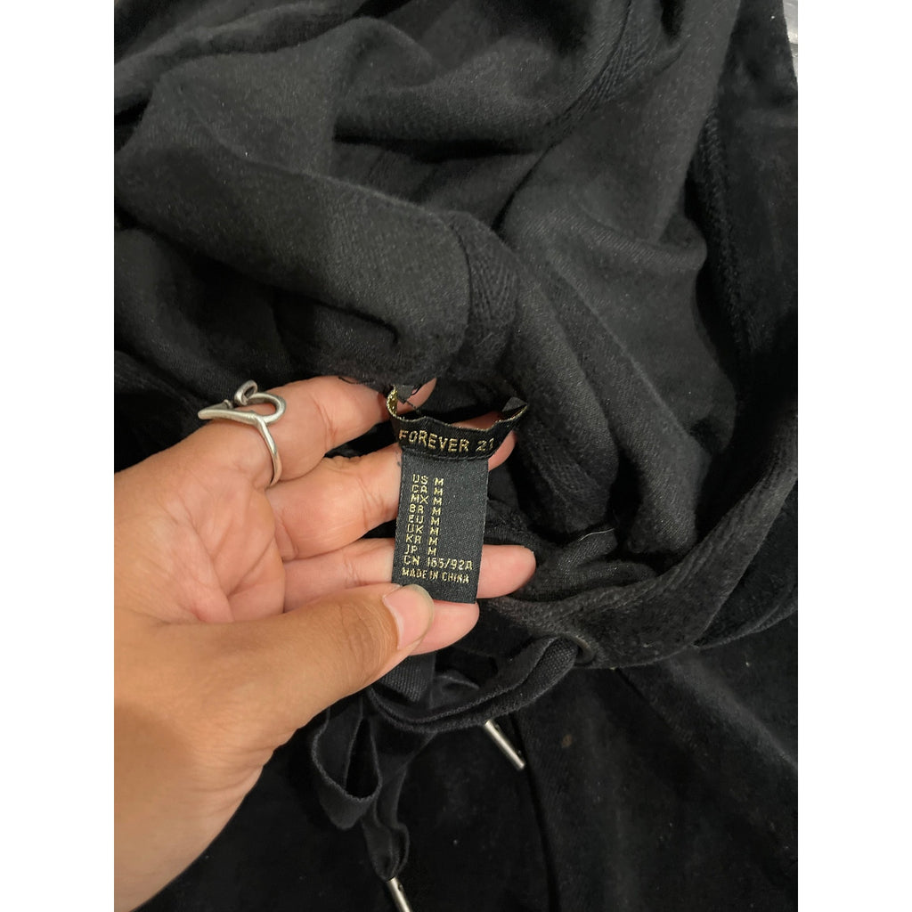 Forever 21 Black Velour Hooded Pullover Sweater SZ M Y2K Streetwear Casual