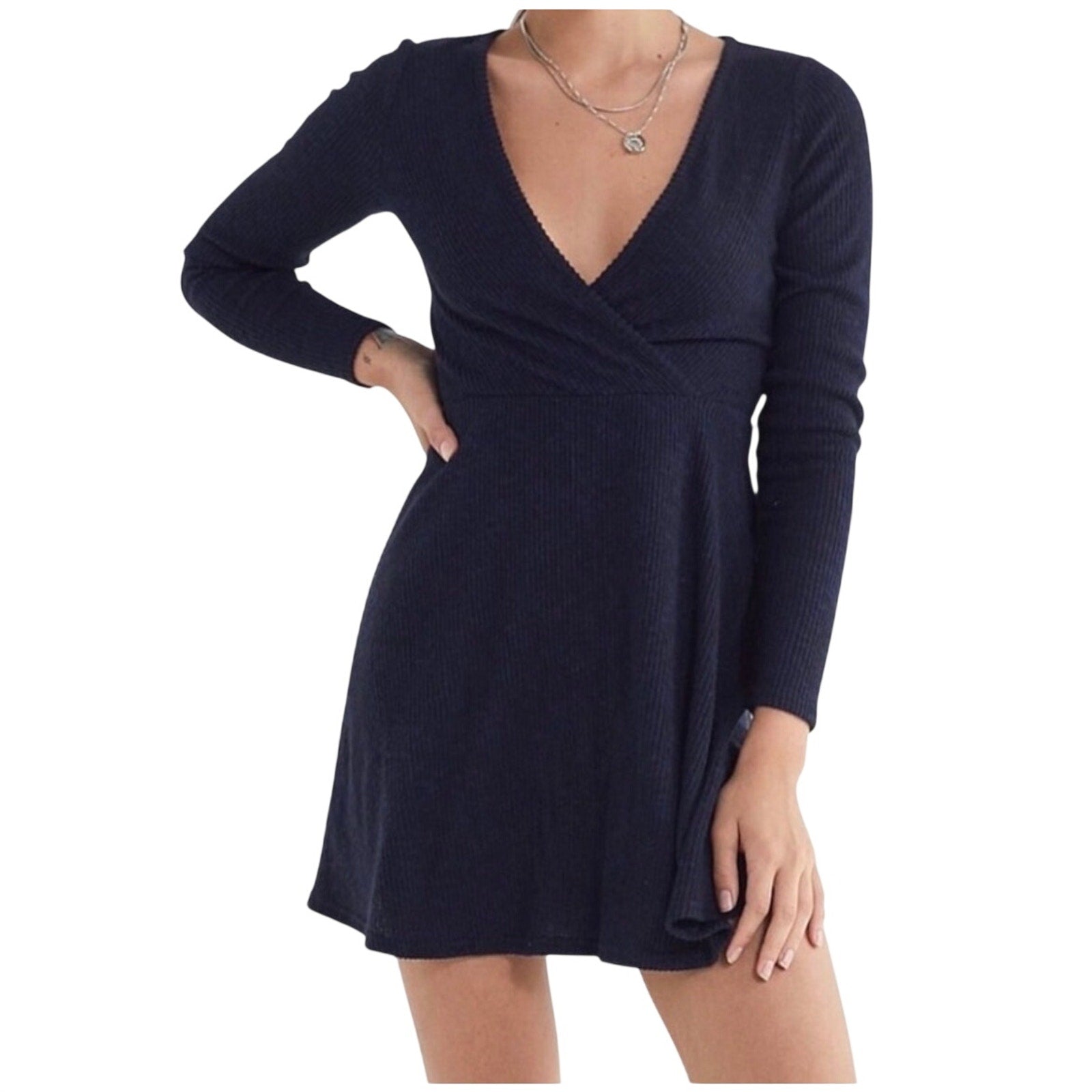 Urban Outfitters Navy Blue Long Sleeve Wrapped Neck Mini Ribbed Knit Dress SZ M