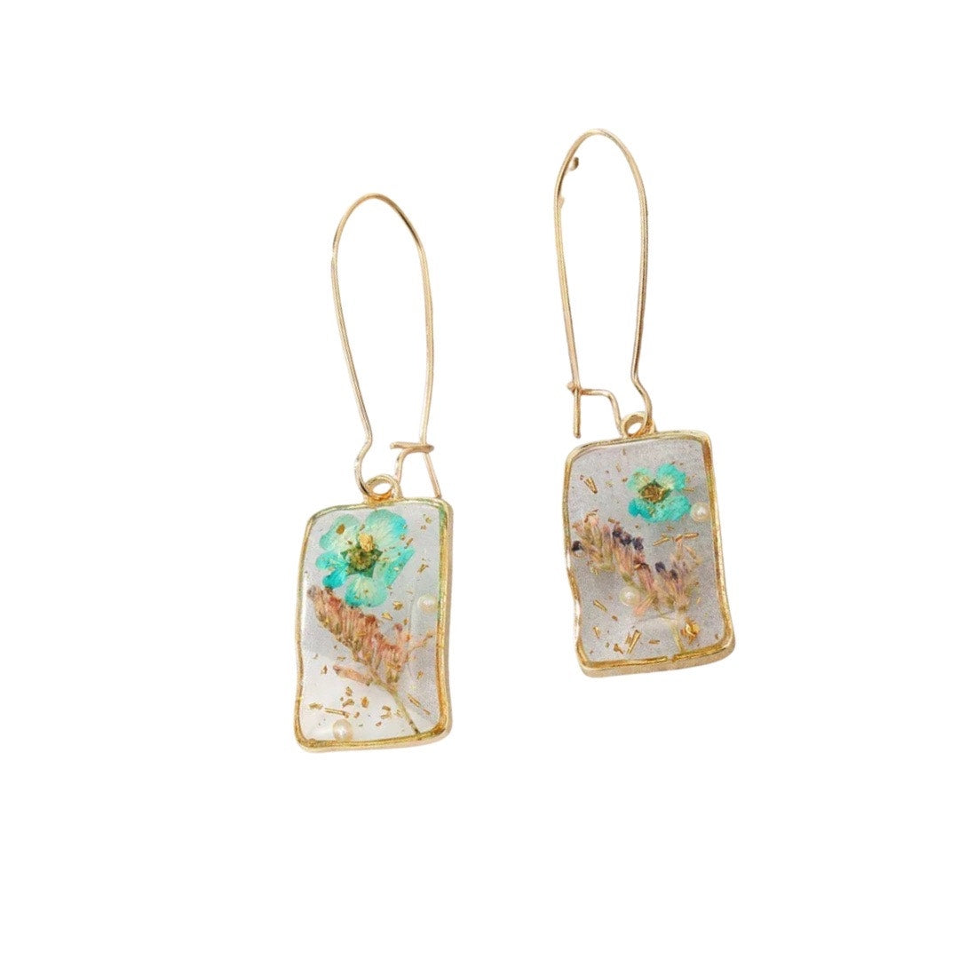 Transparent Square resin blue flower earrings alloy metal NWOT