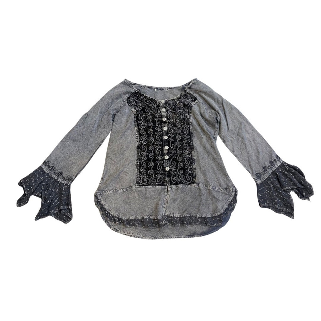 Bohemian Style Tunic Blouse Embroidered Details Bell Sleeves Lace Indie Western