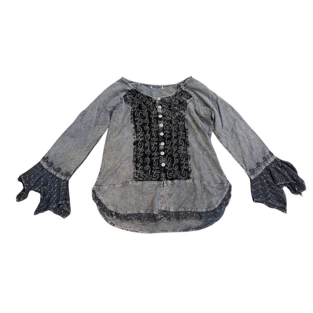 Bohemian Style Tunic Blouse Embroidered Details Bell Sleeves Lace Indie Western