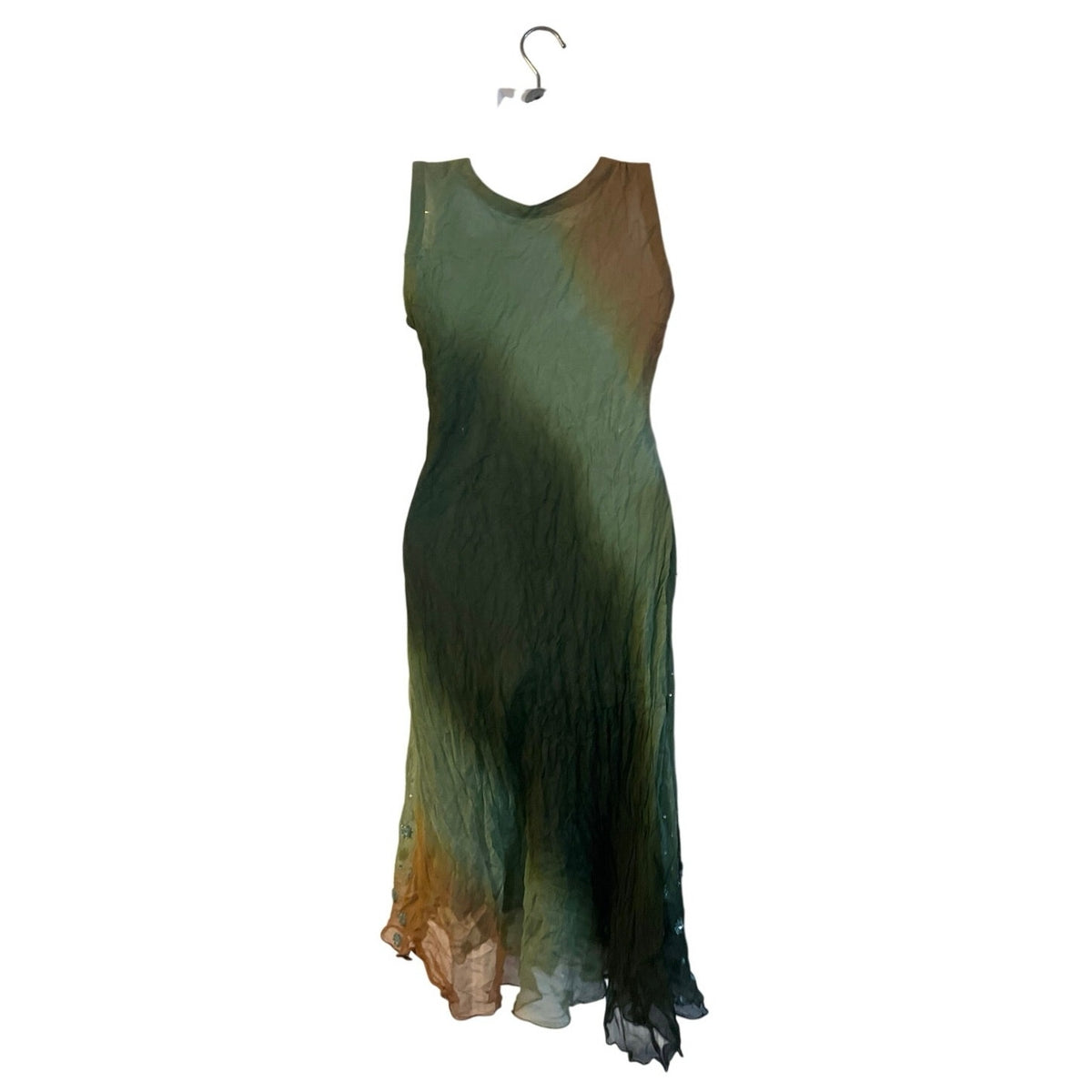 Y2K Green Hand Beaded Sequin Crinkle Silk Midi Dress VTG 90s Fairycore Art Deco
