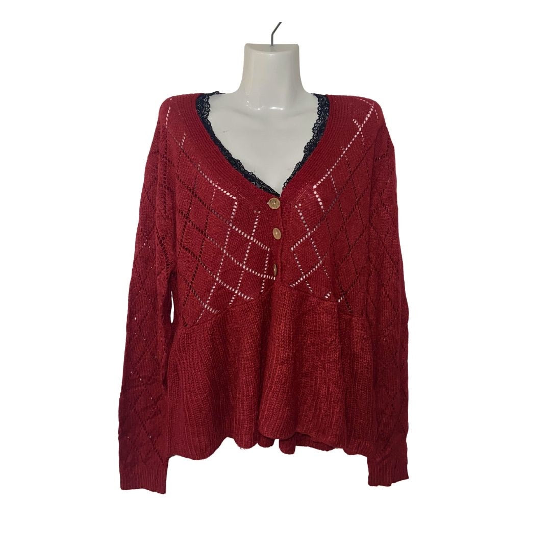 Shein Red Peplum Lace Trim Sweater Top Button Plus Size 1XL Preppy Academia Chic