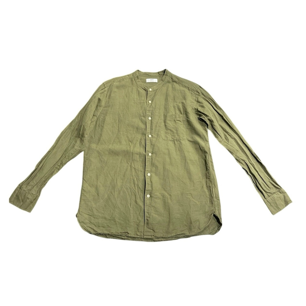 UNIQLO Premium Linen Stand Collar Long Sleeve Olive SZ L Casual Relaxed Fit