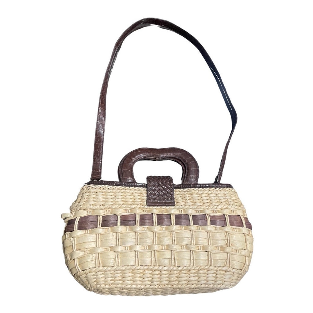 Straw Raffia Wicker Two Tone Handbag Silver Heart Detail Closer and Tag Western