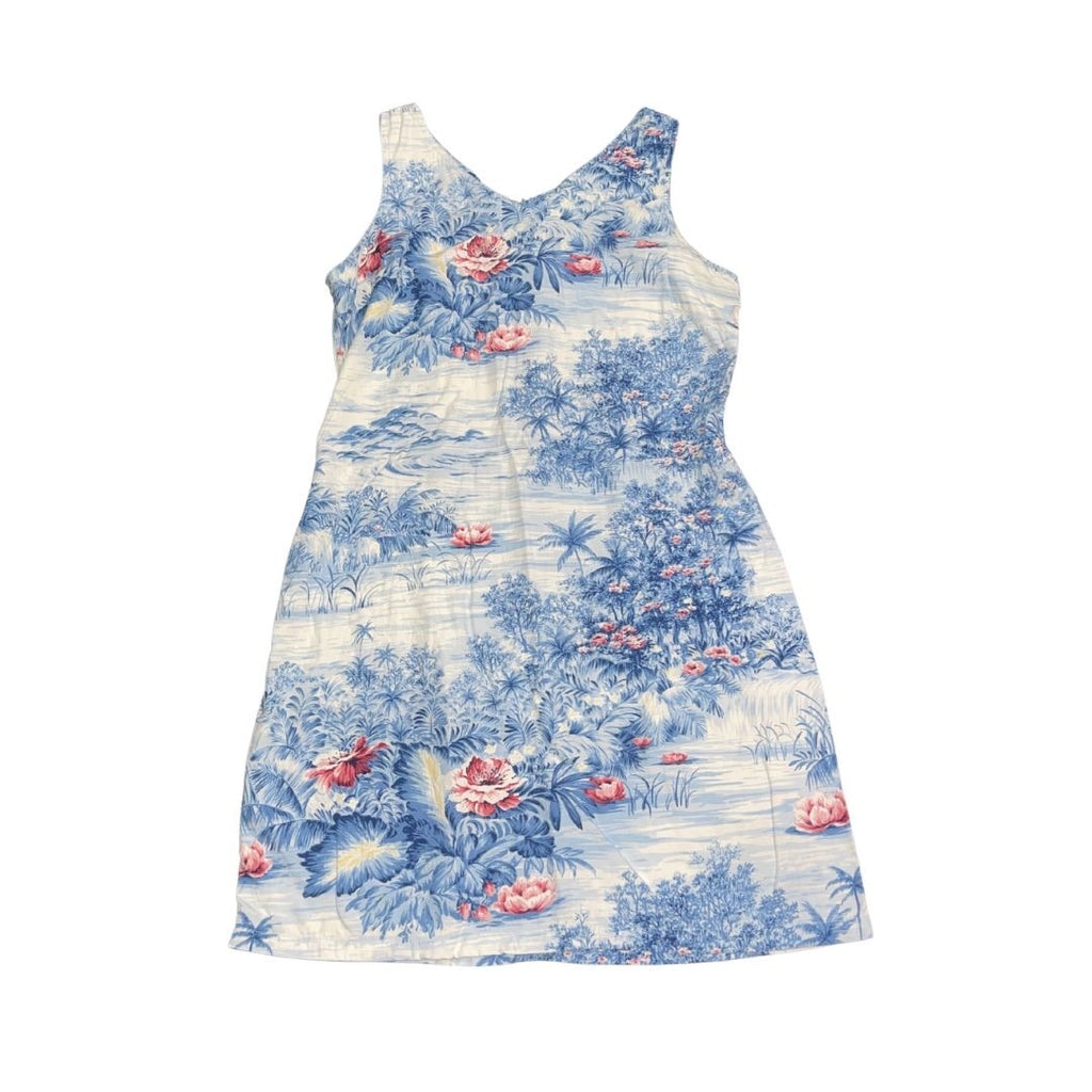 Liz Claiborne Blue V-Neck Sheath Dress Floral Hawaiian Tropical Vintage 90s