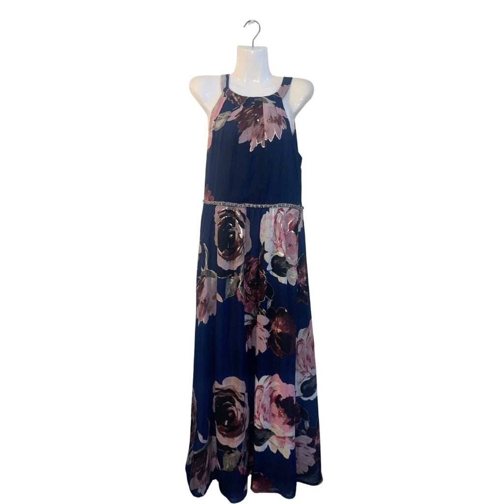 SLNY Floral Maxi Formal Dress Beaded Waist SZ 12 Prom Wedding Evening Bridesmaid