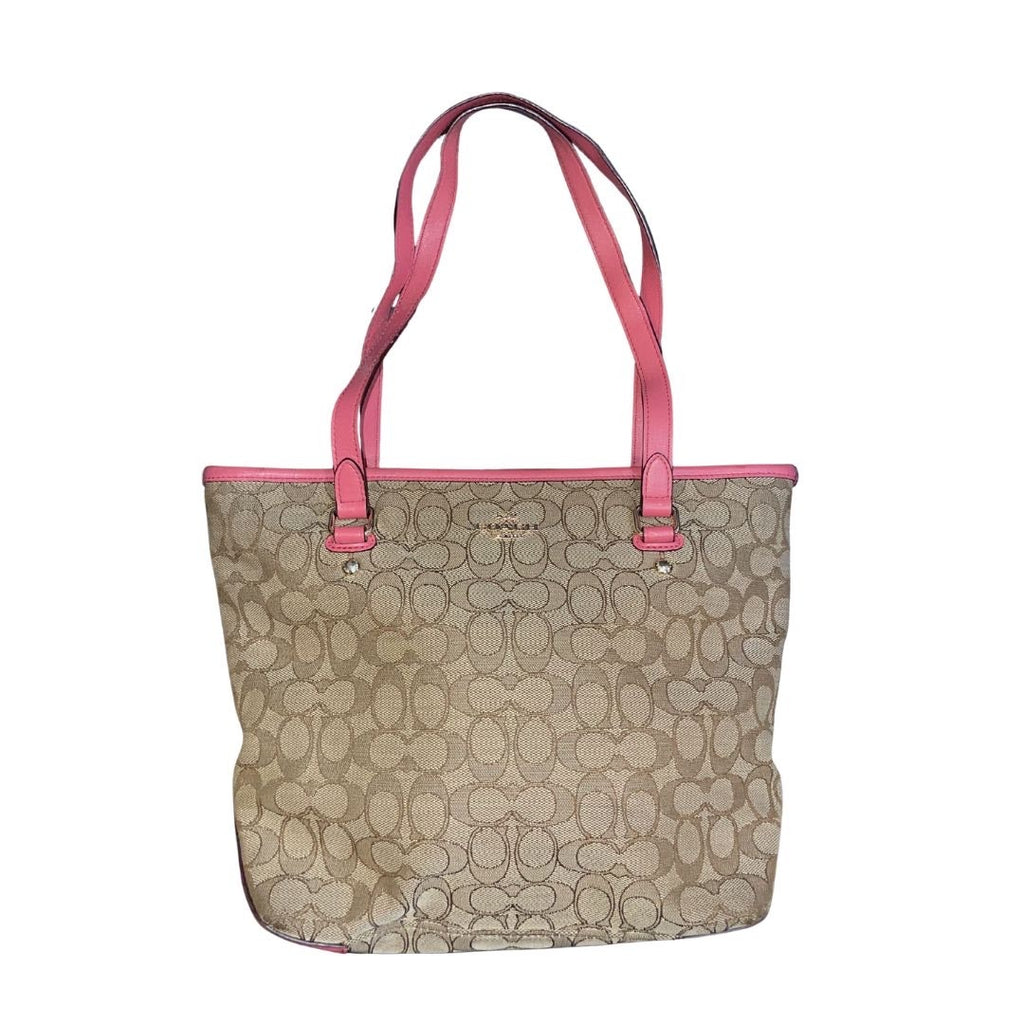 Coach Outline Signature Zip Top Tote Shoulder Bag Pink Leather Trim F58282 Y2K
