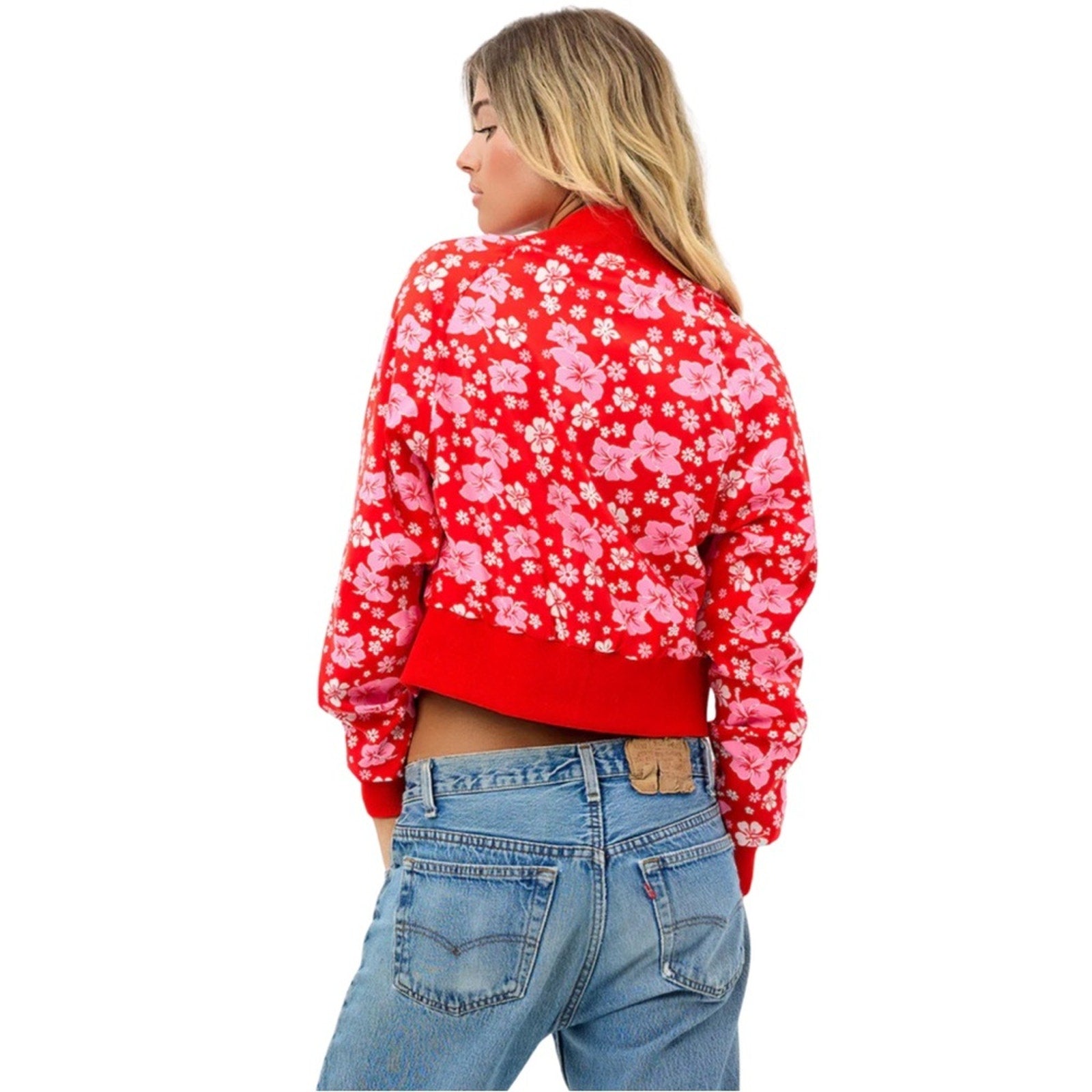 Frankies bikinis Cameron Satin Coconut Floral Cropped Bomber Jacket Large NWT