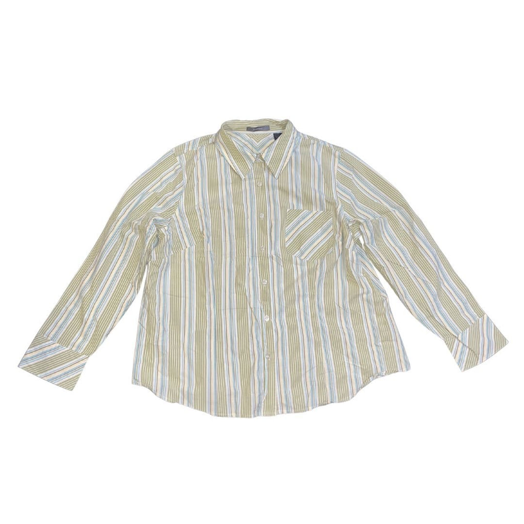 Liz Claiborne Green Striped Button up Long Sleeve Blouse Size 1X Retro Chic