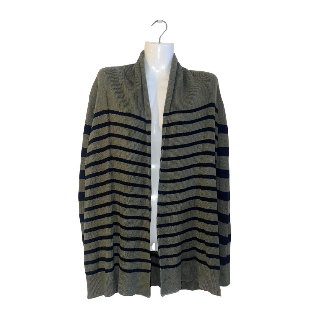 A.N.A. Green Black Striped Boyfriend Open Front Knit Cardigan Size Small Casual