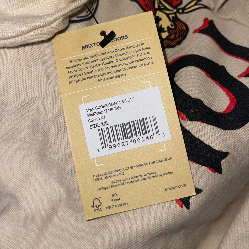 Brixton Coors Omaha T-shirt Tan 100% Cotton Western Cowboy Size 2XL NWT