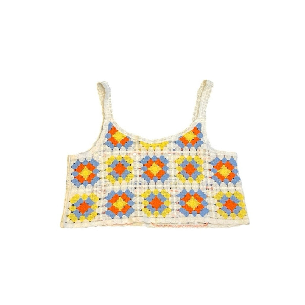 8'Concept Bohemian Crochet Knit Granny Square Crop Tank Top SZ M Retro Festival