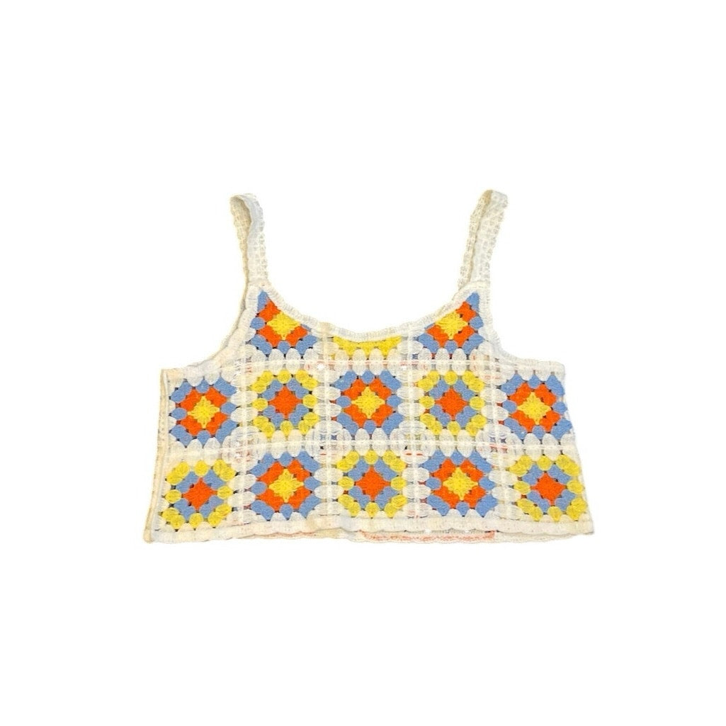8'Concept Bohemian Crochet Knit Granny Square Crop Tank Top SZ M Retro Festival