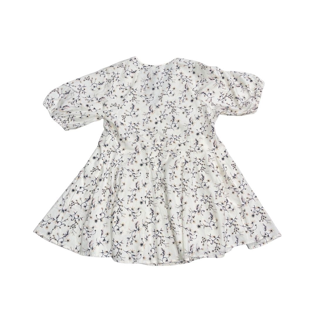 Universal Threat V-Neck White Floral Dress Medium Puff Sleeves A-Line Babydoll