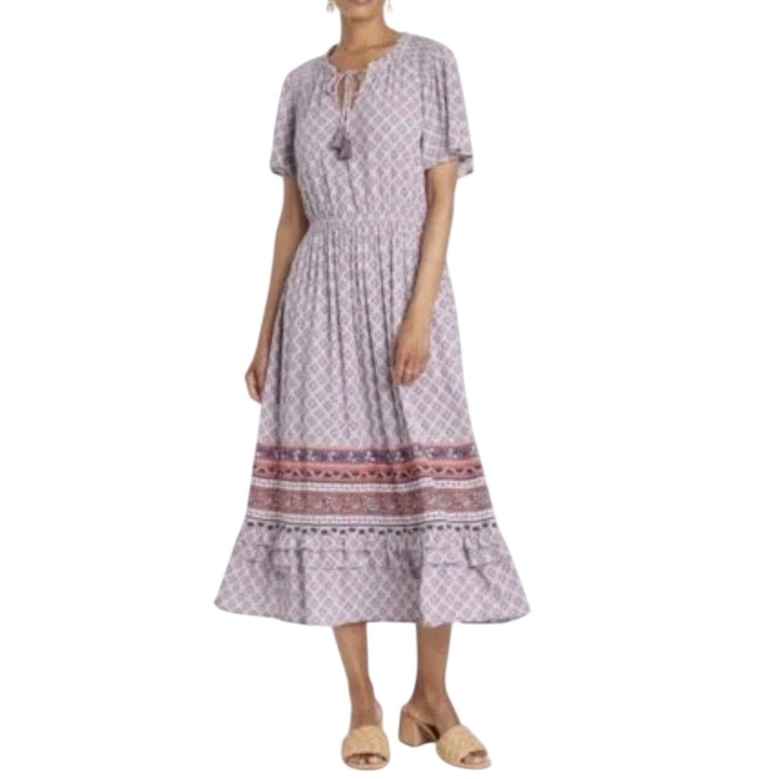 Knox Rose Lilac Flora Print Maxi Smoked Dres Size XS Bohemian Chic Artsy Summer