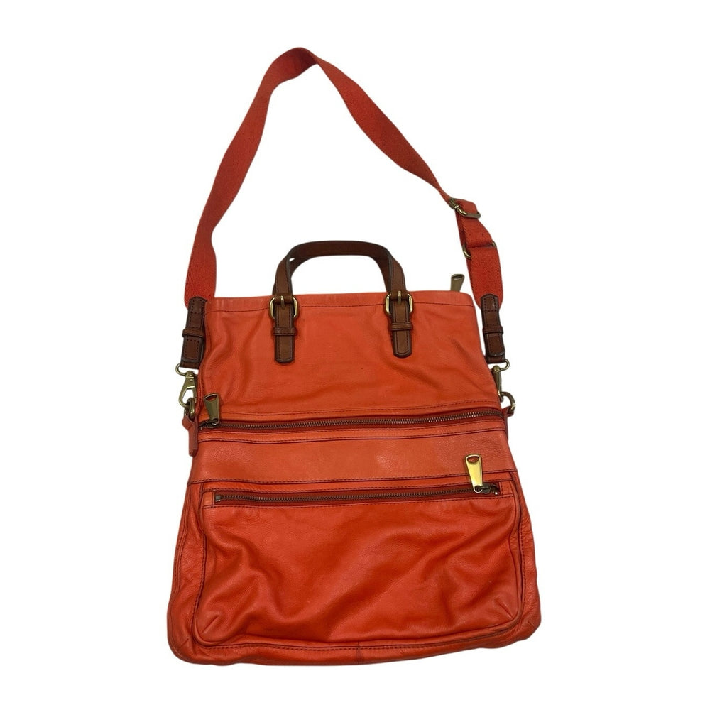 Fossil Orange Leather Explorer Foldover Convertible Tote Crossbody Bag Vintage