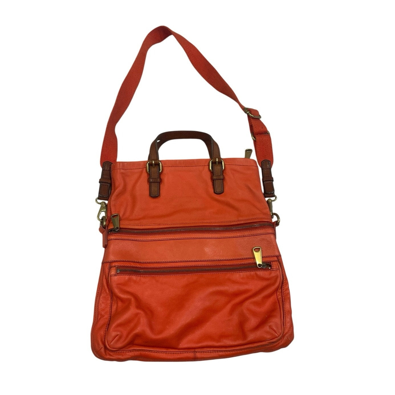 Fossil Orange Leather Explorer Foldover Convertible Tote Crossbody Bag Vintage
