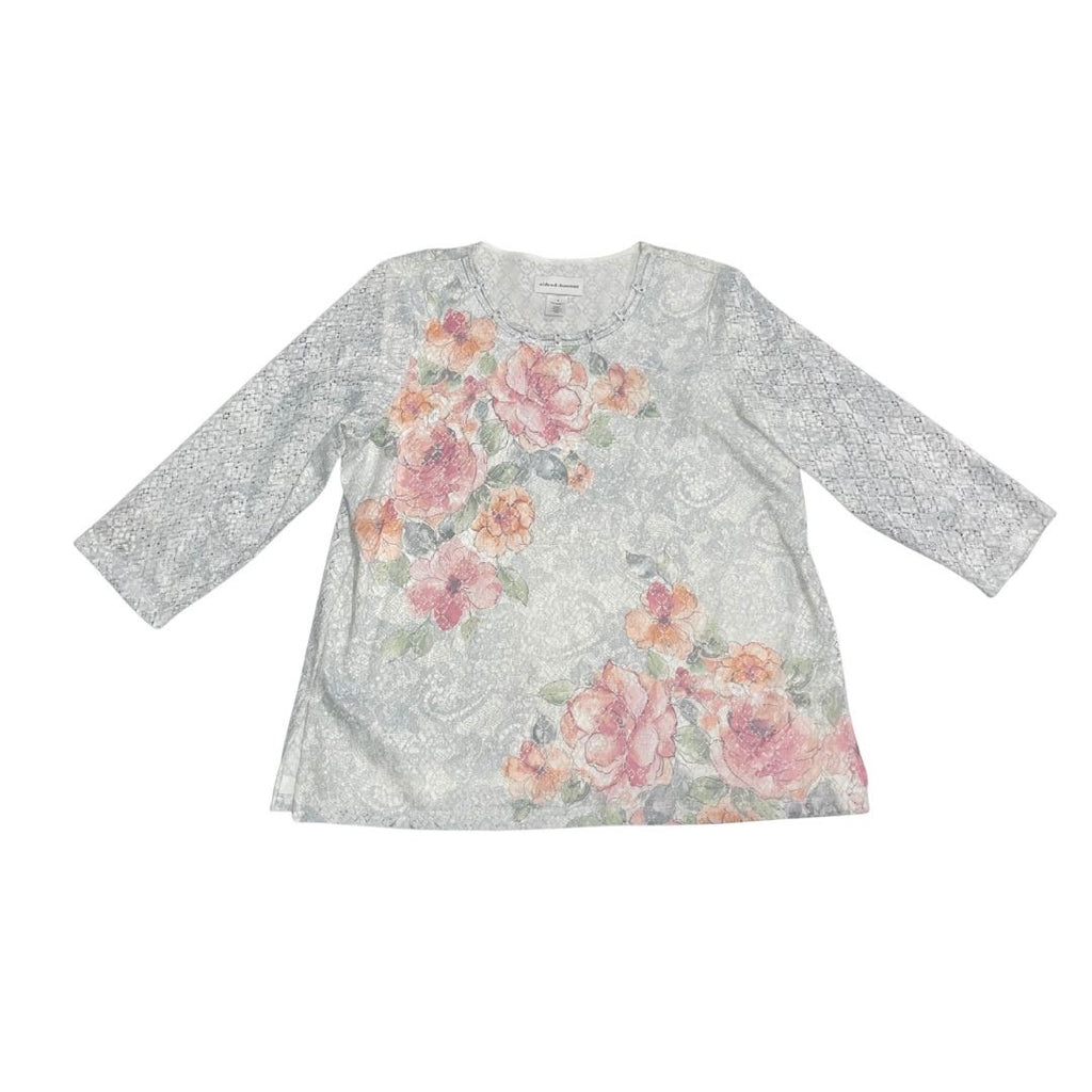 Alfred Dunner Floral Print Top Blouse Size Medium Artsy Lace Whimsical Boho