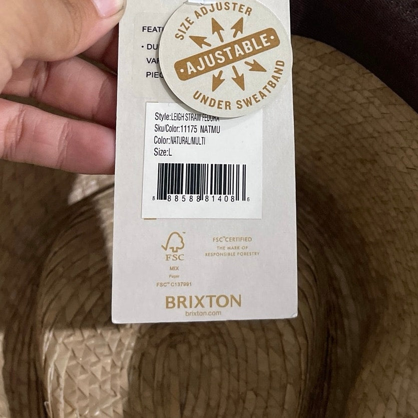 Brixton Leigh 100% Straw Fedora Natural L (7.5) Adjustable Vacation Beach Sunhat
