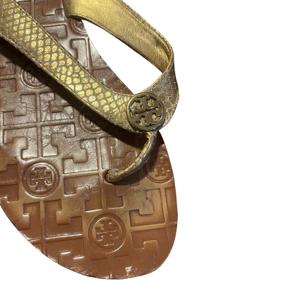 Tory Burch Thora Embossed Gold Leather Snakeskin Thong Sandal Size 9 Flip Flop