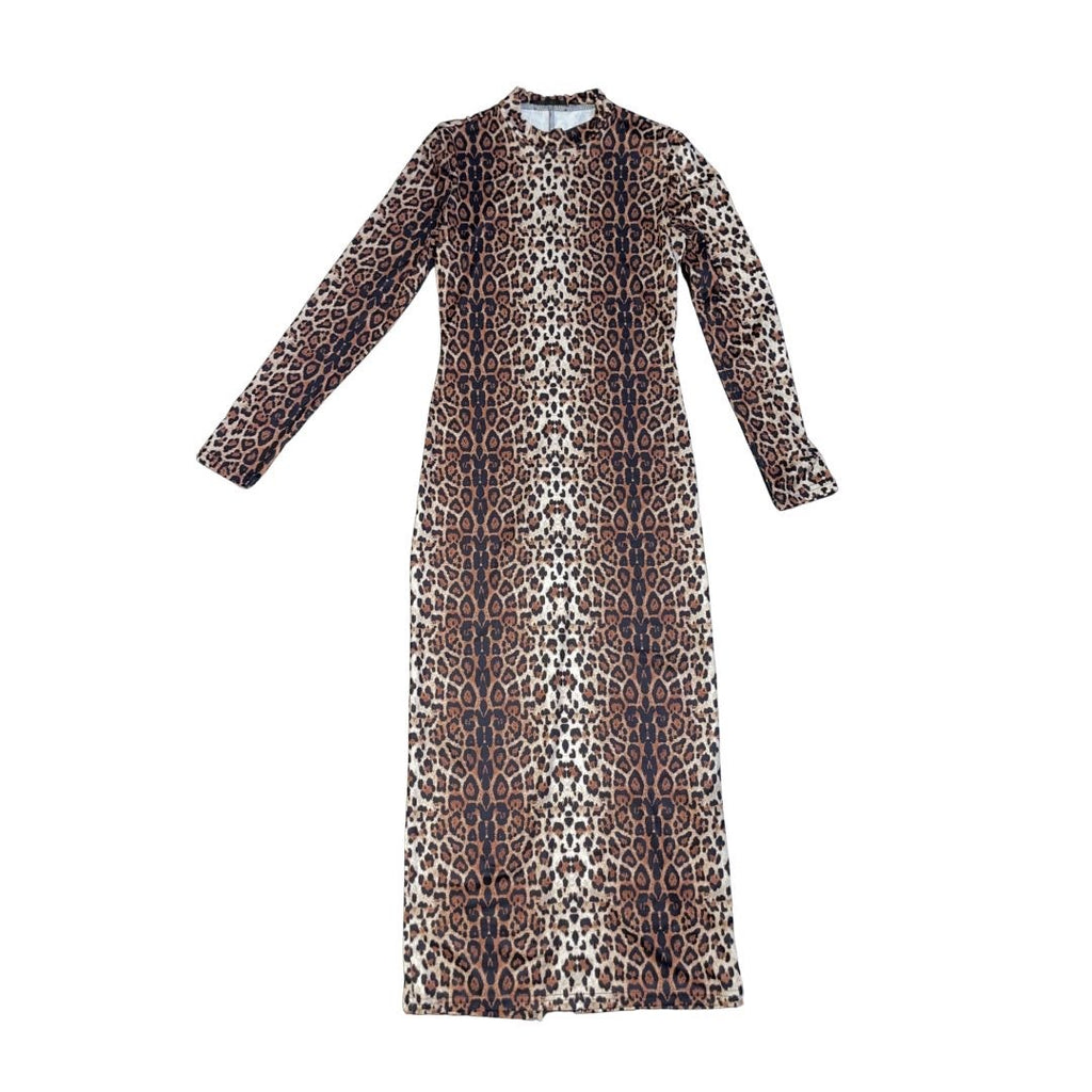 Leopard Print Long Sleeve Maxi Dress Mock Neck Bodycon Mob Wife Chic Party