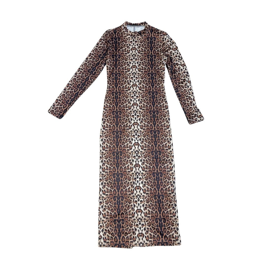 Leopard Print Long Sleeve Maxi Dress Mock Neck Bodycon Mob Wife Chic Party