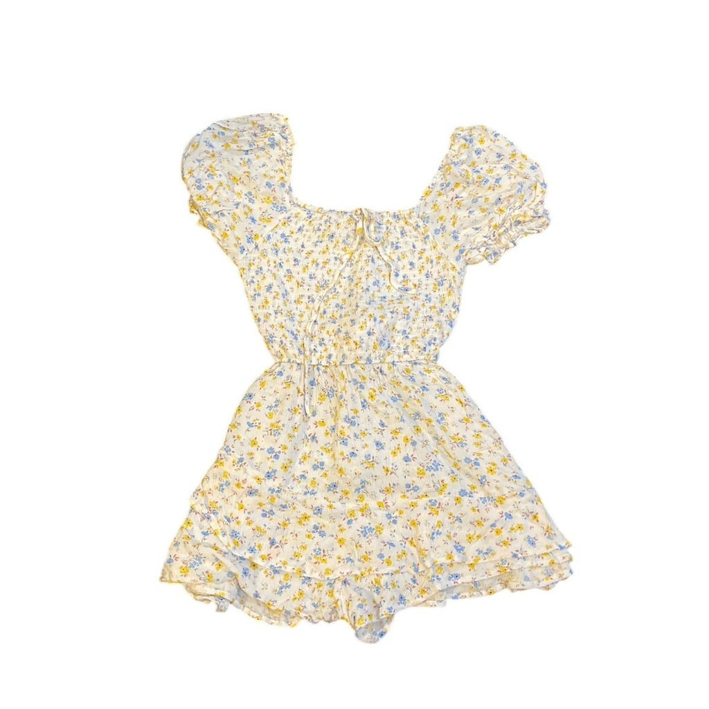 Altar'd State Boho Floral Romper Smoked Ruched Bodice Short Puff Sleeves Flirty