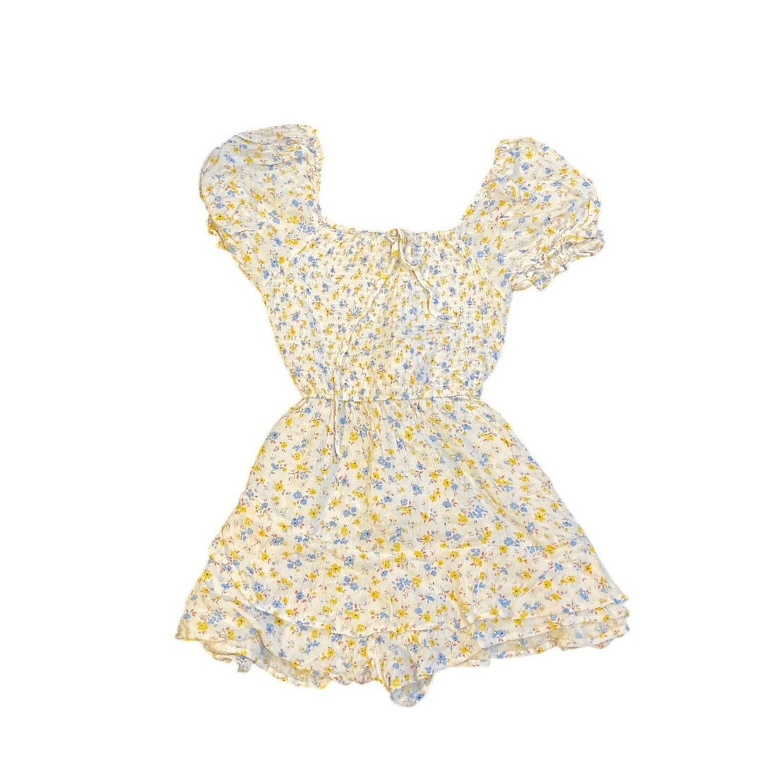 Altar'd State Boho Floral Romper Smoked Ruched Bodice Short Puff Sleeves Flirty