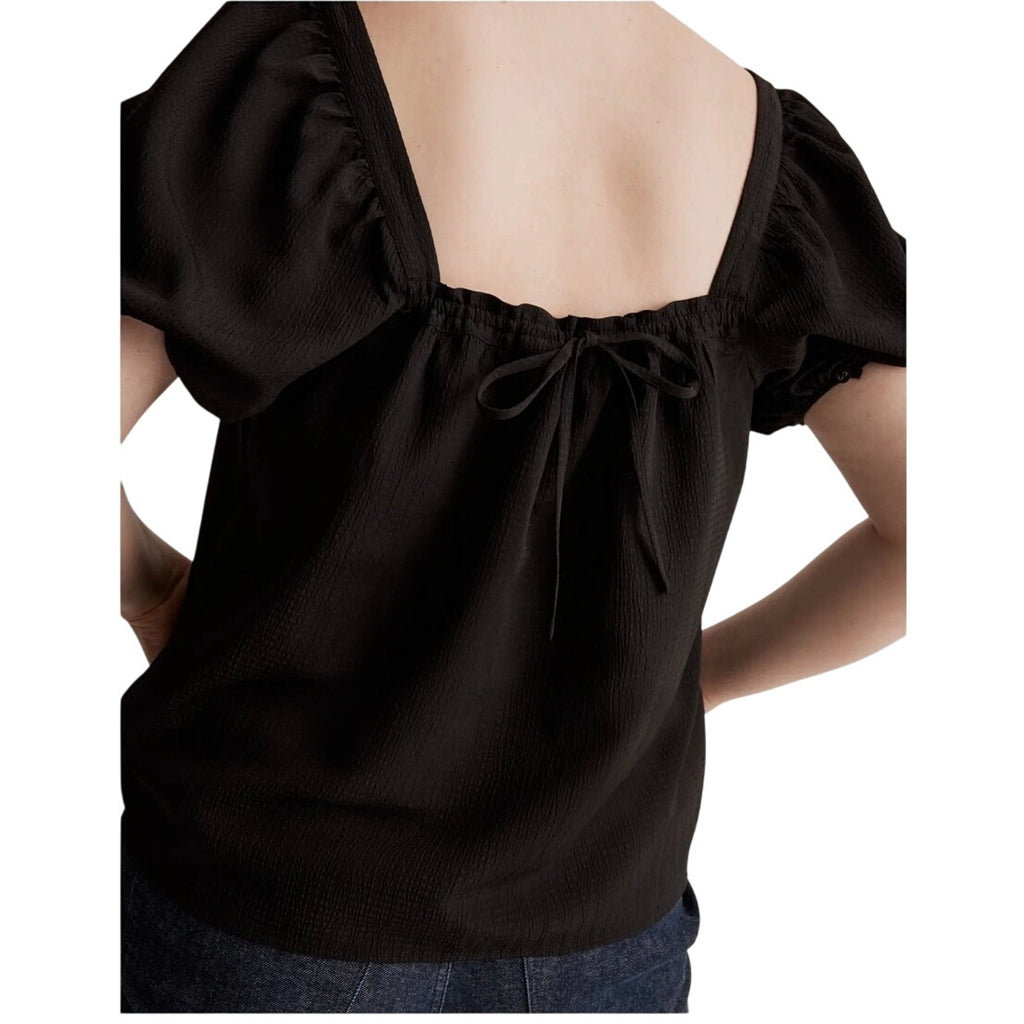 Madewell Seersucker Top Puff Sleeves Tie Back Size XL Flattering Flirty Flowy
