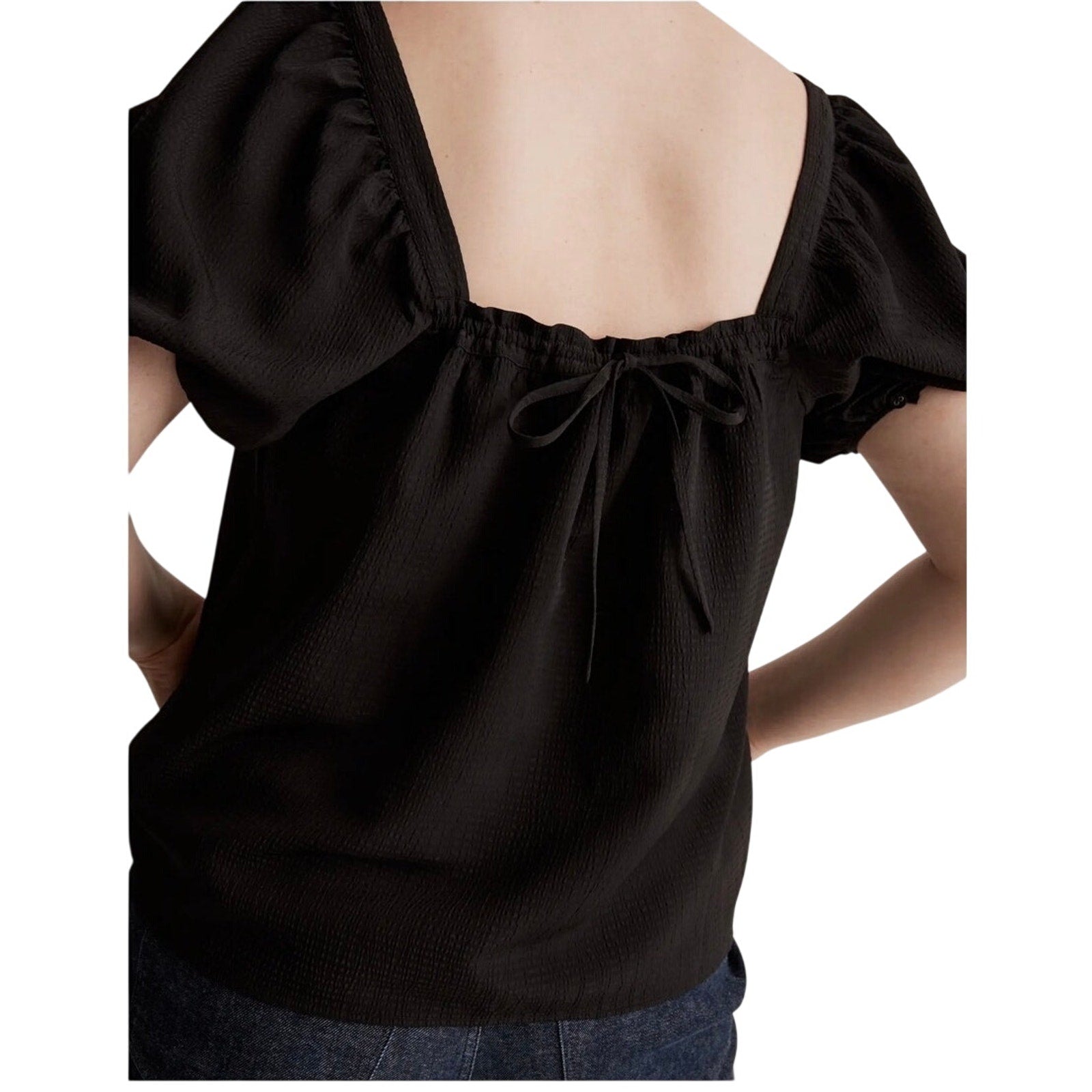 Madewell Seersucker Top Puff Sleeves Tie Back Size XL Flattering Flirty Flowy