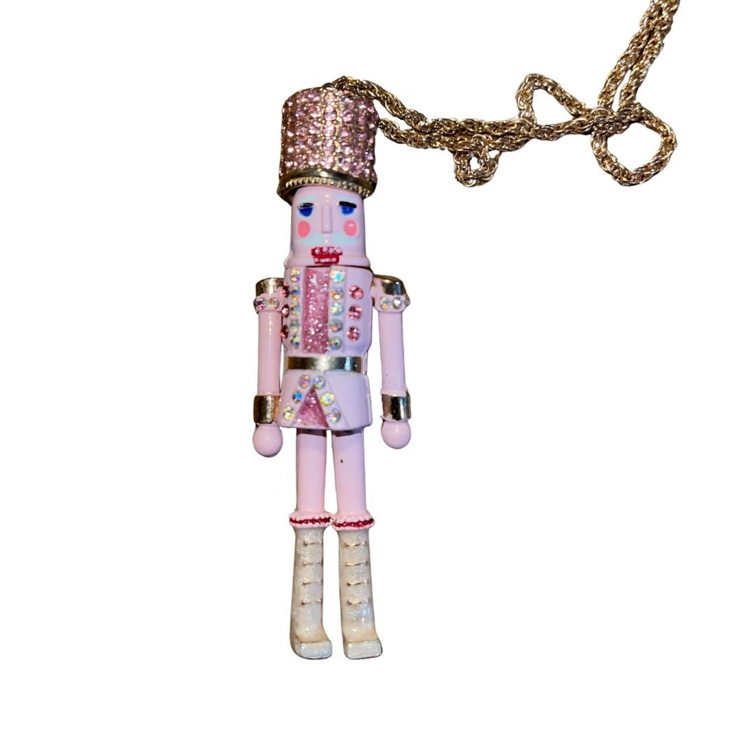 Betsey Johnson Nutcracker Pendant Necklace Pink Rhinestone Christmas whimsical
