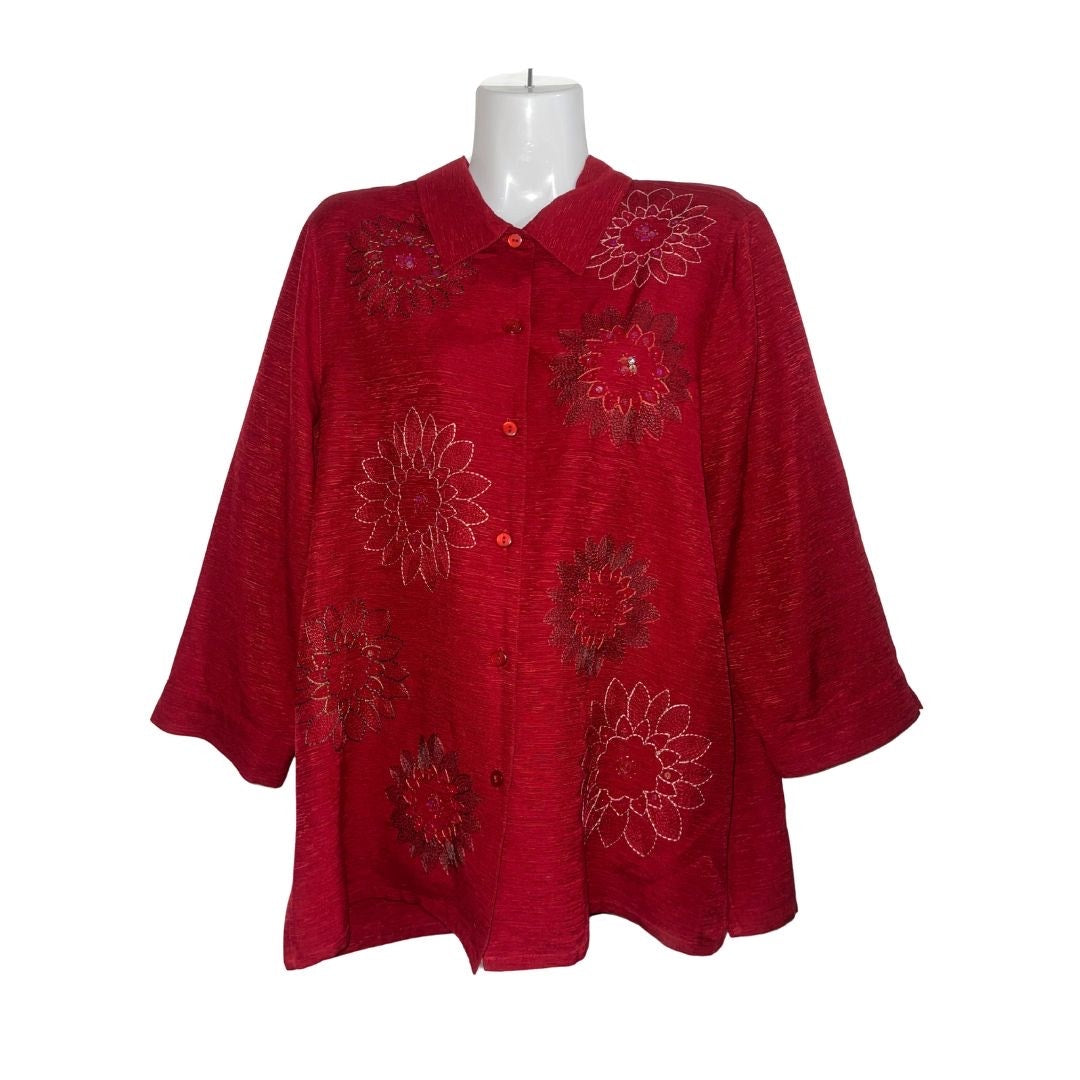 Alfred Dunner 3/4 Sleeve Blouse Floral Beaded Embroidery SZ 10 100% Silk Boho