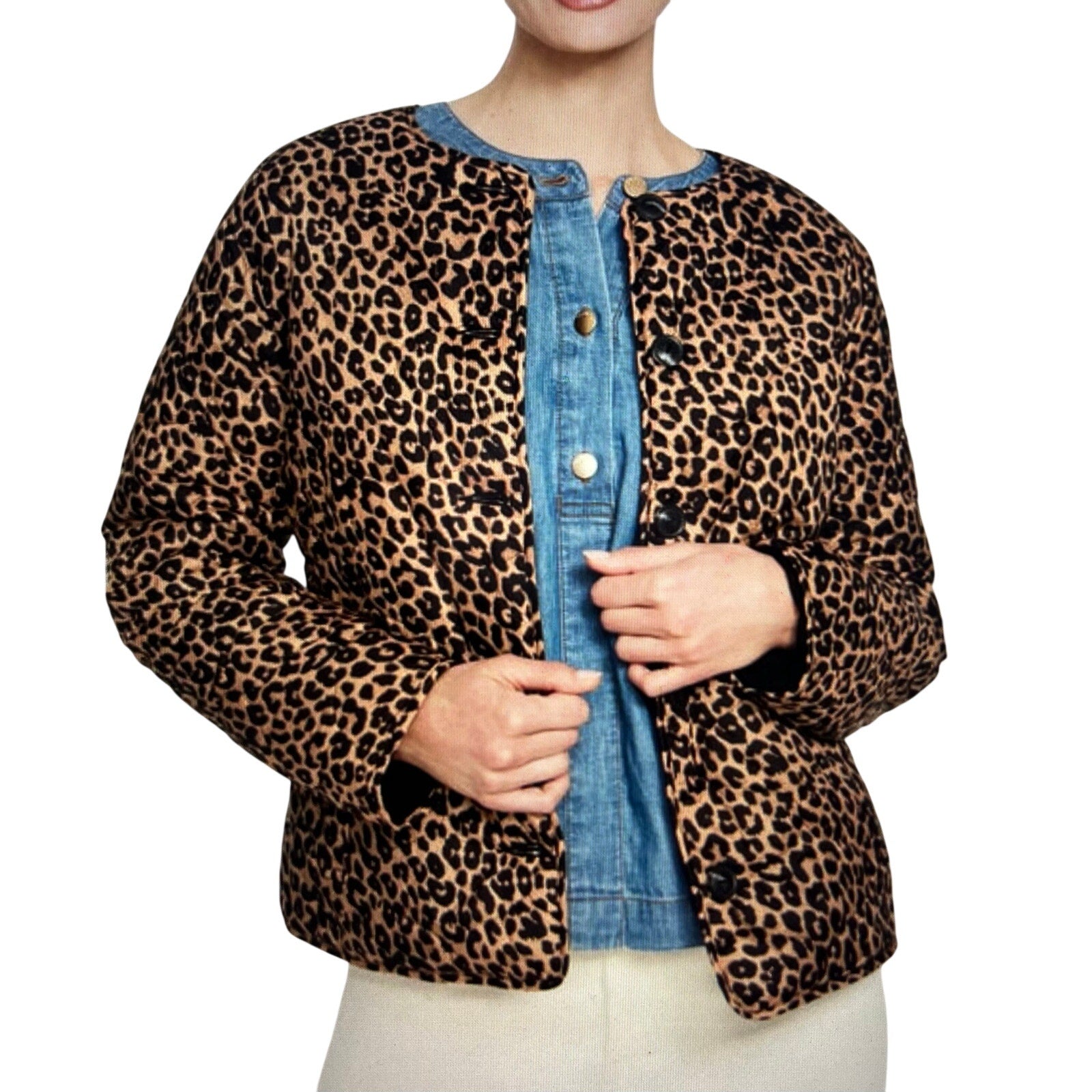 Talbots Quilted Reversible Button Jacket Allover Animal Size Large Chic NWT