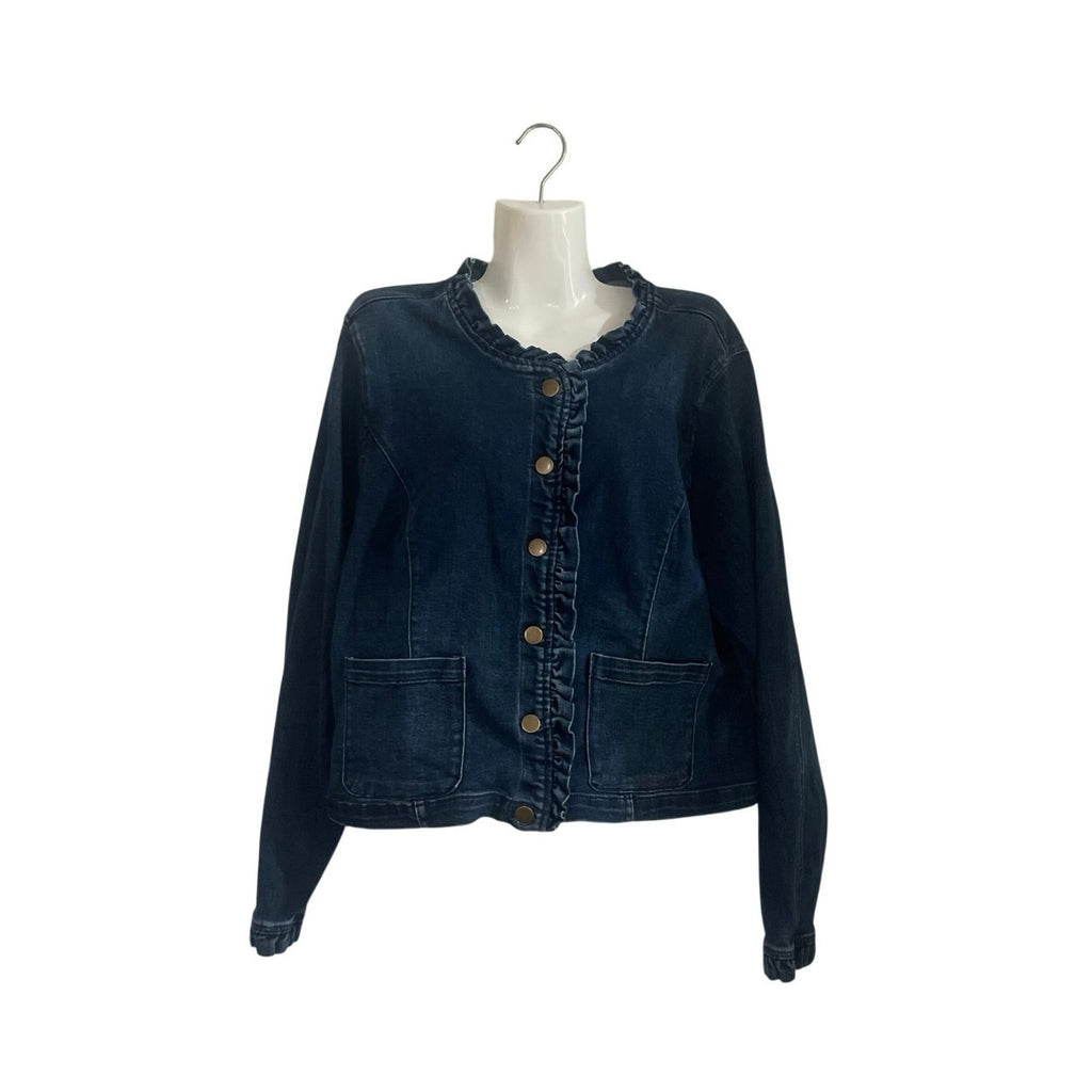 Draper James Collarless Neckline Button Front Ruffle Denim Jacket SZ XXL Chic