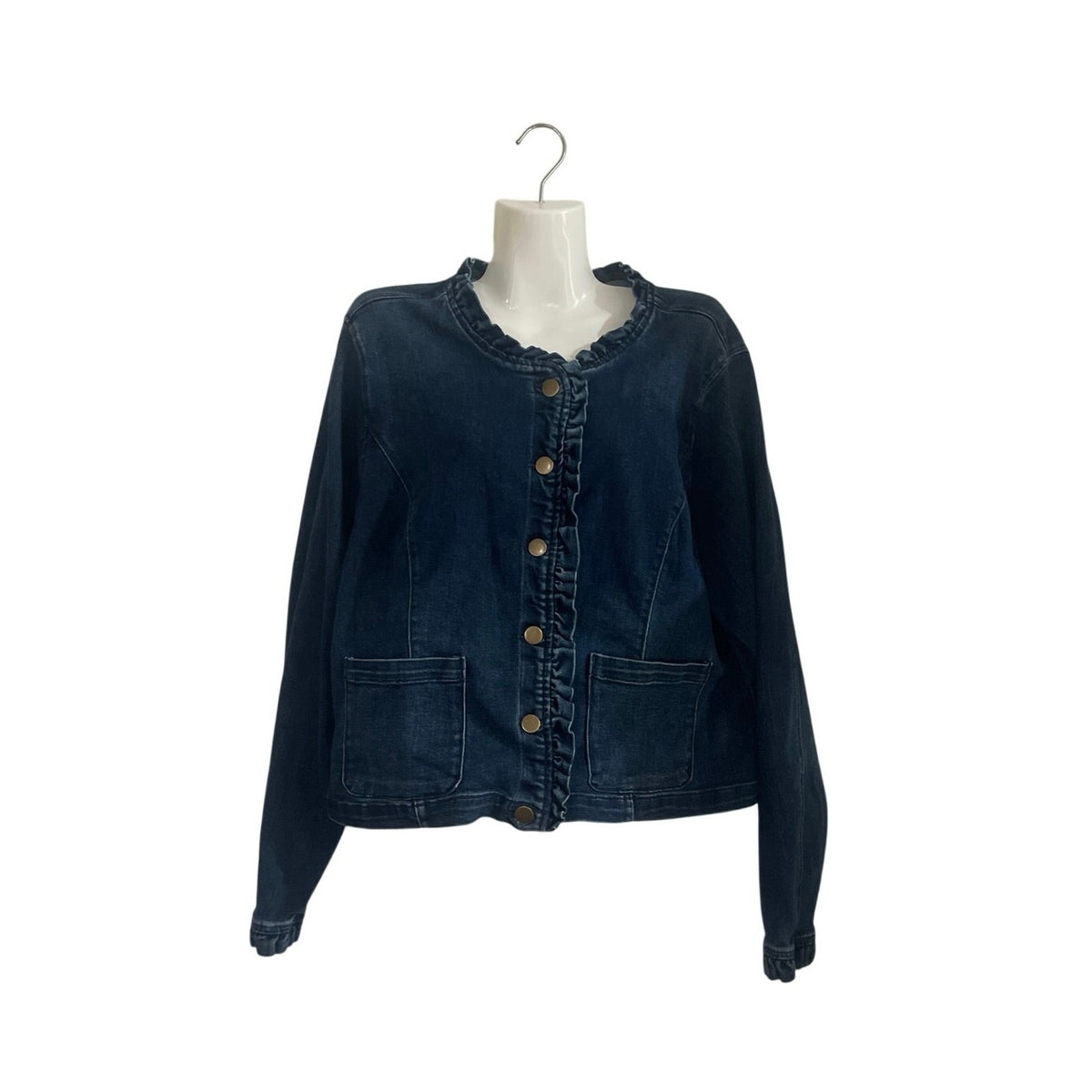 Draper James Collarless Neckline Button Front Ruffle Denim Jacket SZ XXL Chic