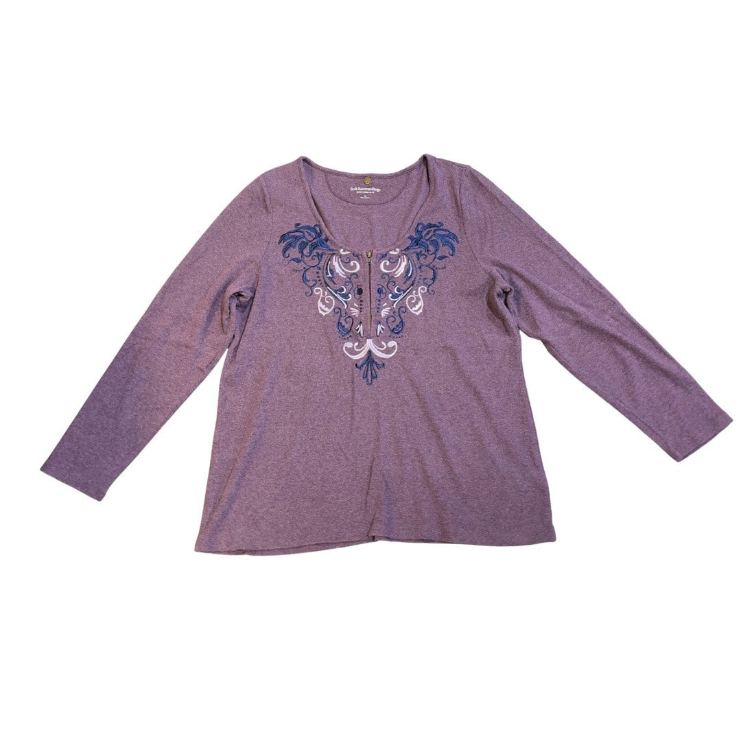 Soft Surroundings Embroidered Half Zip Ribbed Long Sleeve Blouse Plus 1X Boho