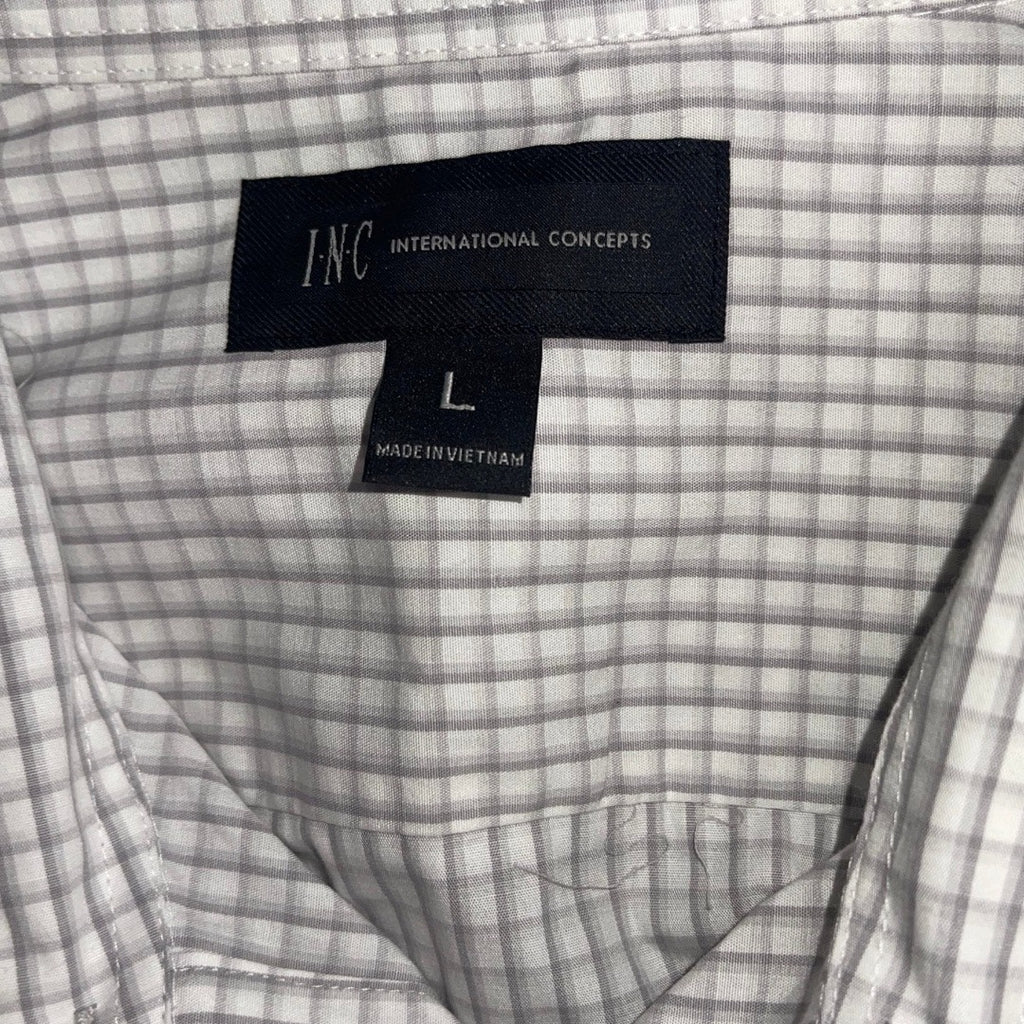 INC International Concepts Long Sleeve Dress Shirt Large Grey White Checkered