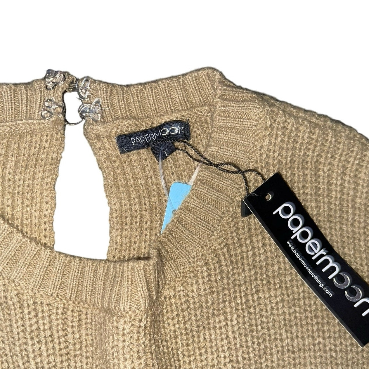 Papermoon Sweater Tan knit romper shorts jumpsuit Tie Waist NWT Size Large