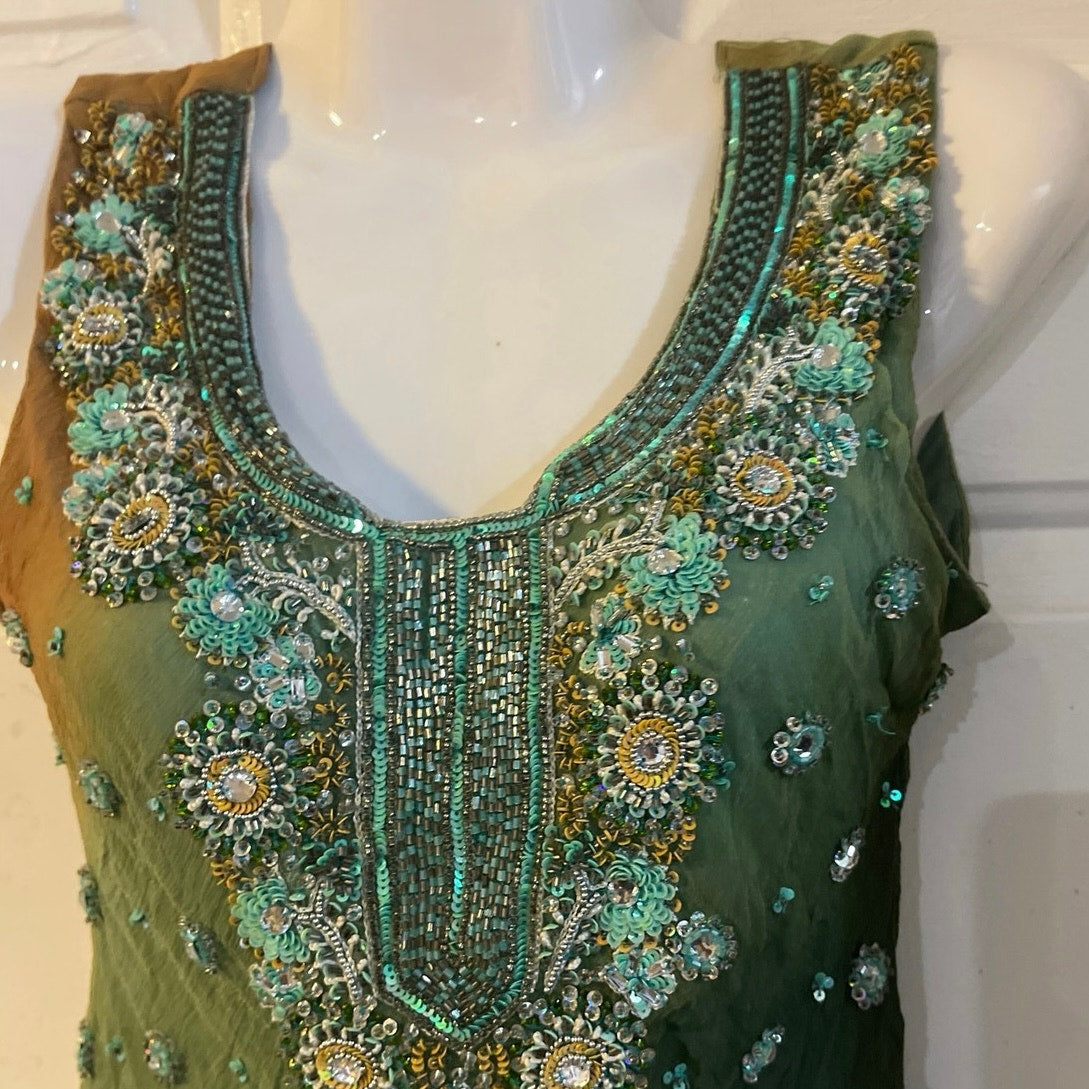 Y2K Green Hand Beaded Sequin Crinkle Silk Midi Dress VTG 90s Fairycore Art Deco