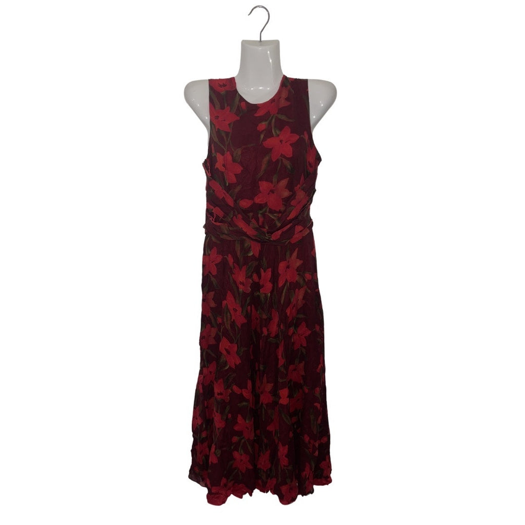 Adrianna Papell Sleeveless Floral Silk Maxi Dress Tie Waist SZ 10 Botanical Chic