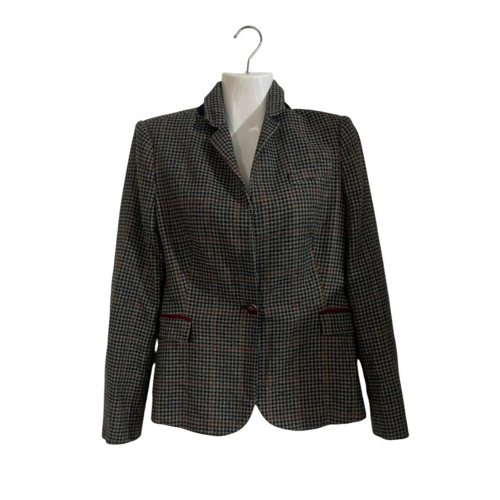 Zara Wool Blend Houndstooth Blazer Elbow Patch SZ M Business Classy Preppy Chic