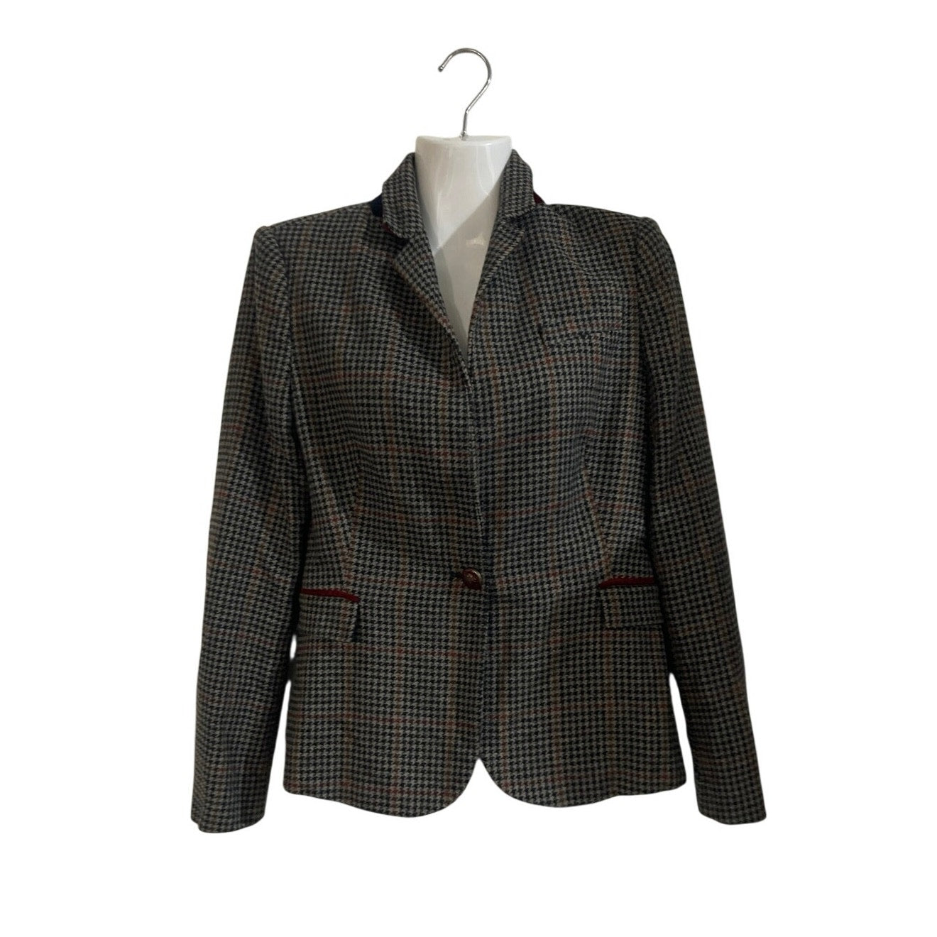 Zara Wool Blend Houndstooth Blazer Elbow Patch SZ M Business Classy Preppy Chic