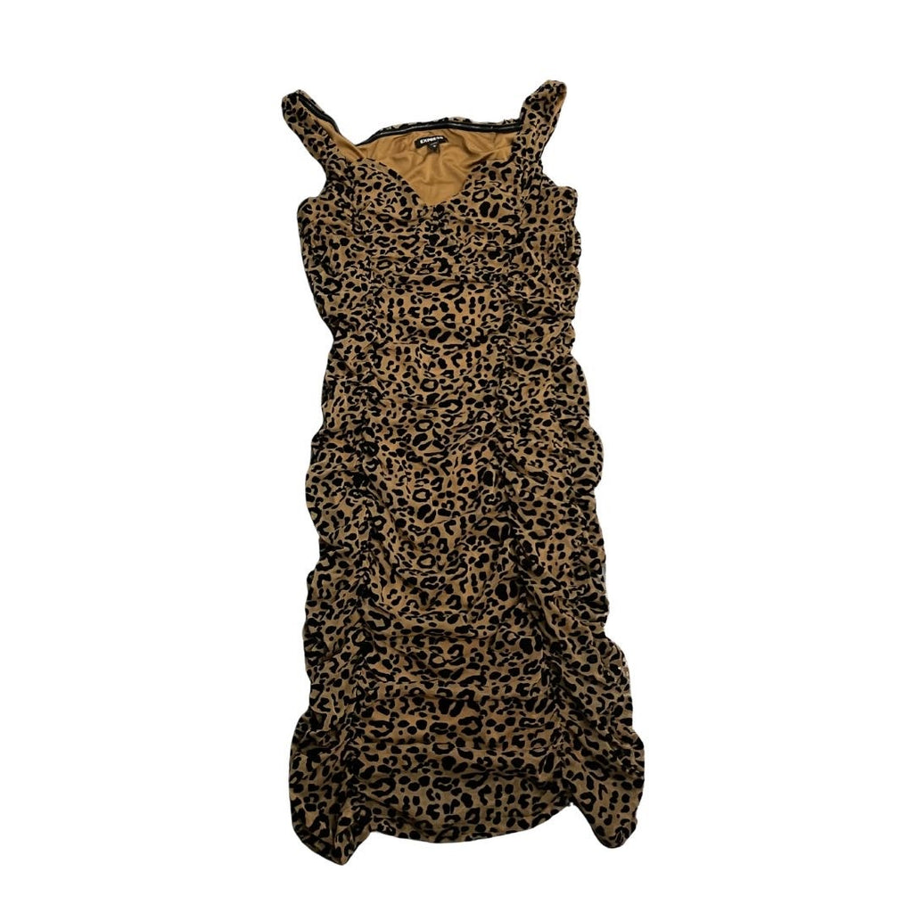 Express Leopard Print Mesh Midi Sheath Ruched Sleeveless Dress Size Large Party