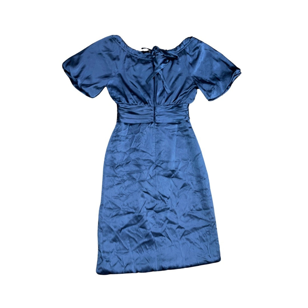 BCBG Paris Navy Blue Satin like Dress tie cinched waist knee length formal Size 2