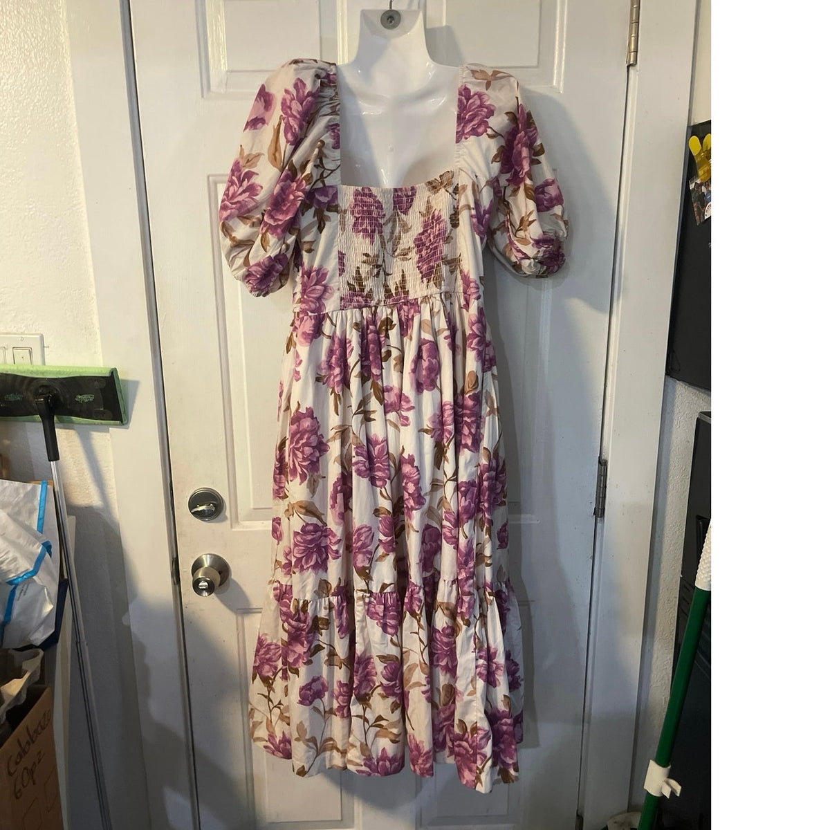 Abercrombie & Fitch Emerson Poplin Puff Sleeve Floral Midi Dress SZ S Milkmaid