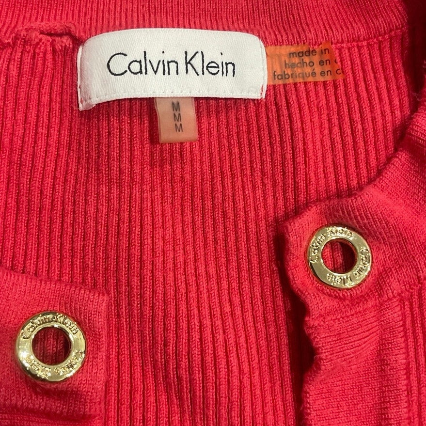 Calvin Klein Red Ribbed Open Front Cardigan Sweater SZ M Career Office Holiday