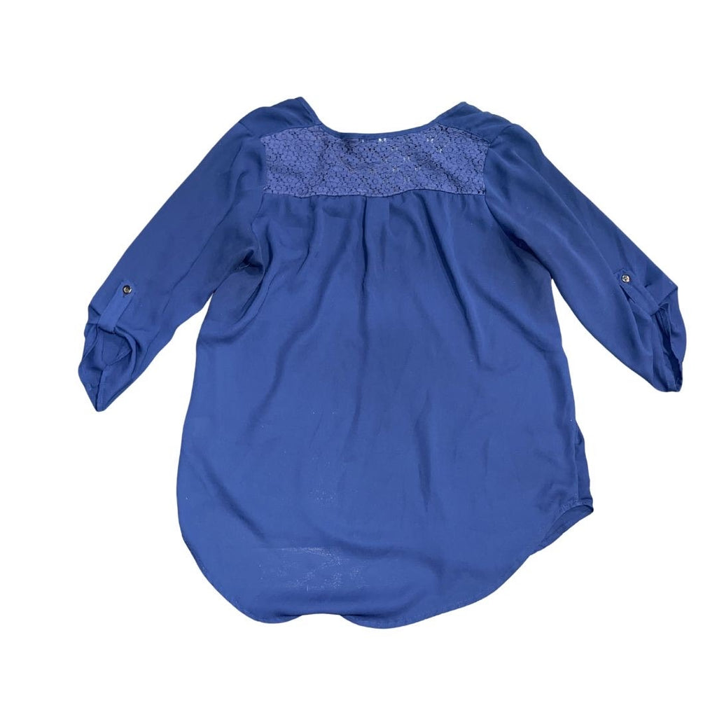 Papermoon Navy Blue Chiffon Lace Trim V-Neck Blouse Size Medium Career Office