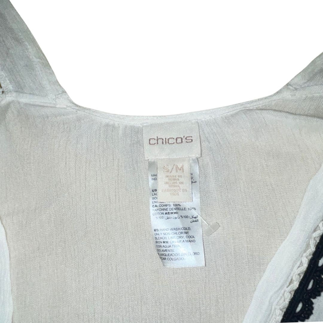 Chicos White with Black Woven Fringe Poncho Style Shawl Wrap Size S/M